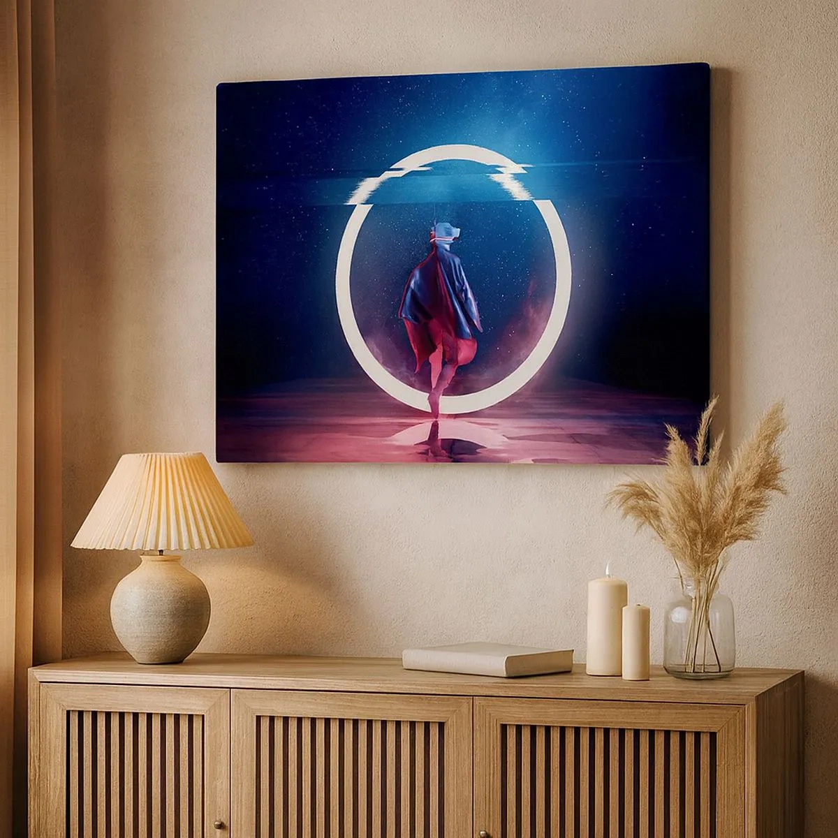 Impression sur toile - Image sur toile - Un personnage dans un environnement futuriste avec un cercle de néon - 70x50cm - Entre deux mondes - Décoration murale moderne pour le salon et la chambre ARTTOR