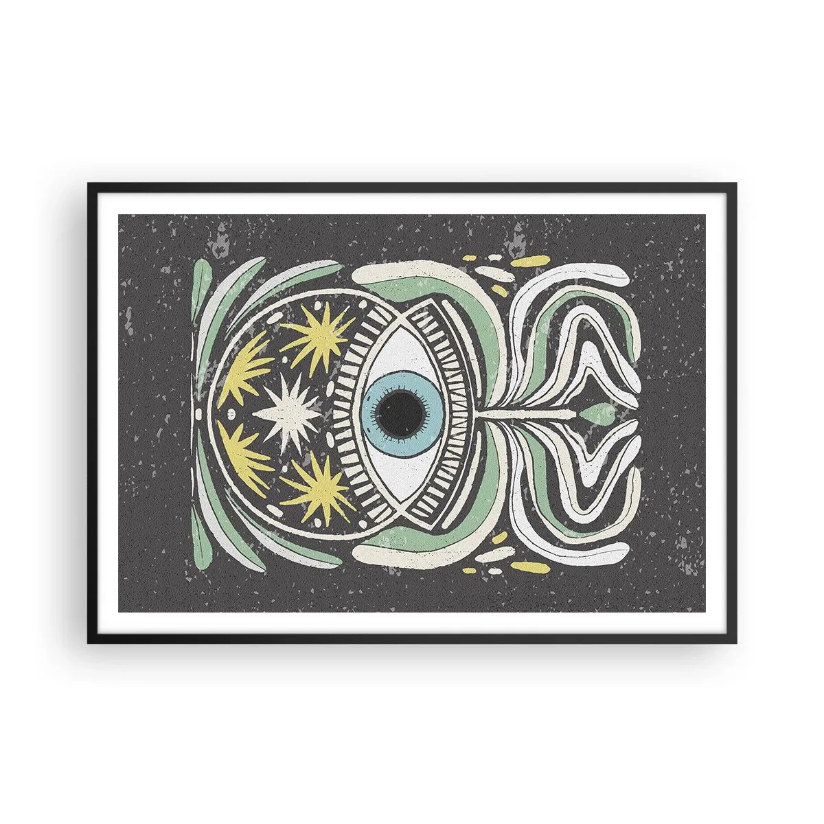Affiche dans un cadre noir - Poster - Un œil symbolique entouré de motifs abstraits - 100x70cm - Rituels tribaux - Décoration murale moderne pour le salon et la chambre ARTTOR