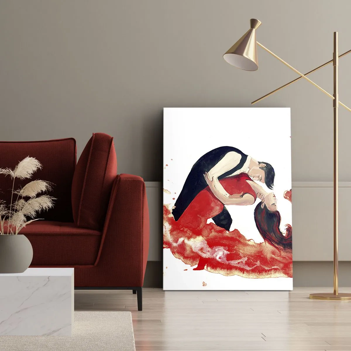Impression sur toile - Image sur toile - Une aquarelle dynamique d'un couple dansant aux couleurs rouges. - 70x100cm - Tango - une vague sensuelle - Décoration murale moderne pour le salon et la chambre ARTTOR