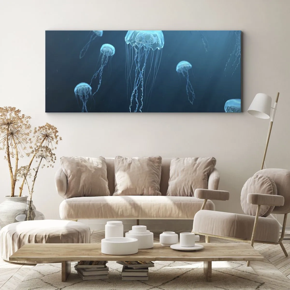 Impression sur toile - Image sur toile - Méduses flottant dans les profondeurs de l'océan dans des tons bleus - 160x50cm - Danse océanique - Décoration murale moderne pour le salon et la chambre ARTTOR
