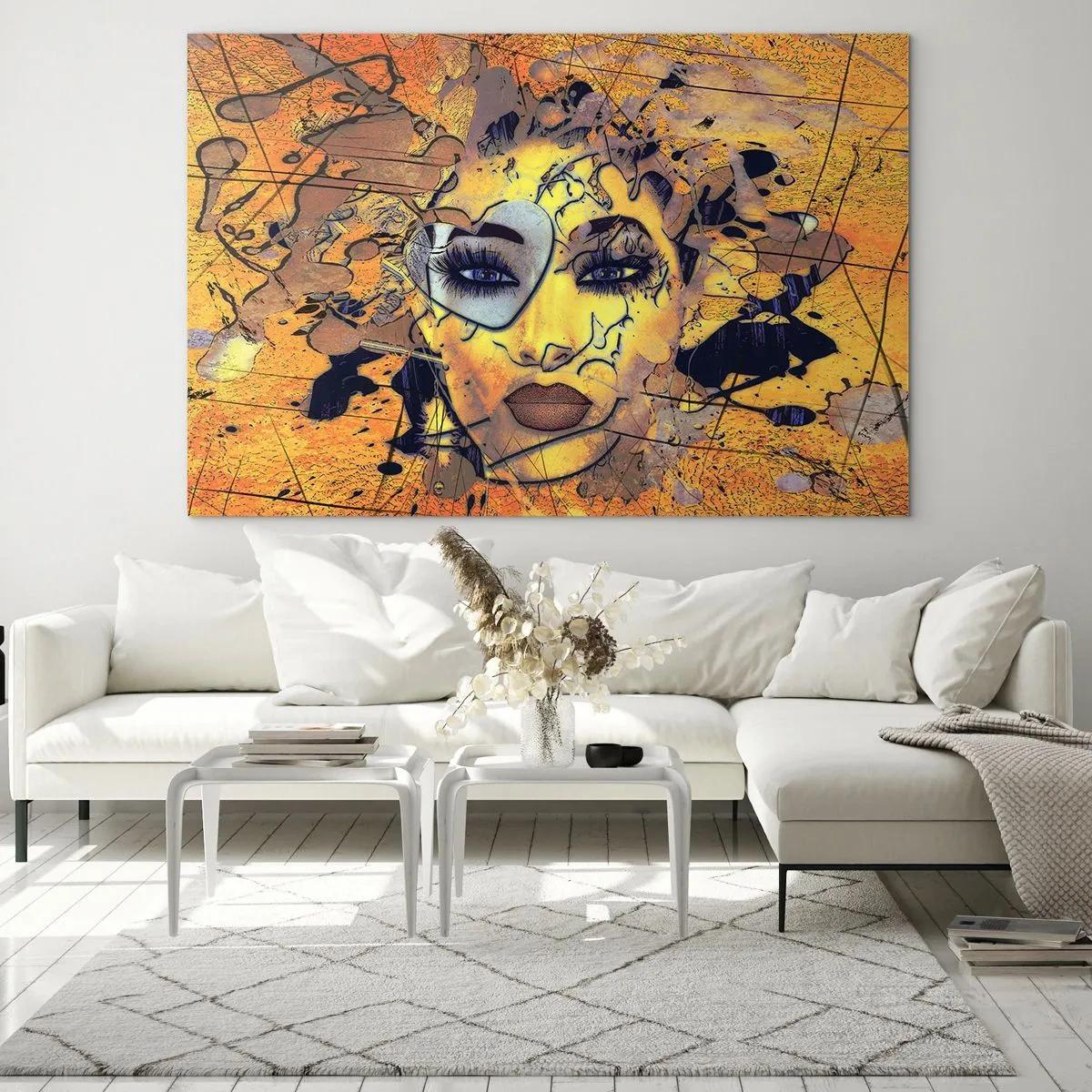 Impression sur verre - Image sur verre - Visage de femme abstrait dans des tons orangés dorés - 70x50cm - Beauté ensoleillée - Décoration murale moderne pour le salon et la chambre ARTTOR