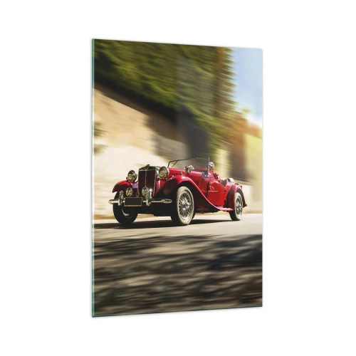 Impression sur verre - Image sur verre - Voiture classique rouge en mouvement dans une rue ensoleillée - 70x100cm - Plus belle que Nike de Samothrace - Décoration murale moderne pour le salon et la chambre ARTTOR