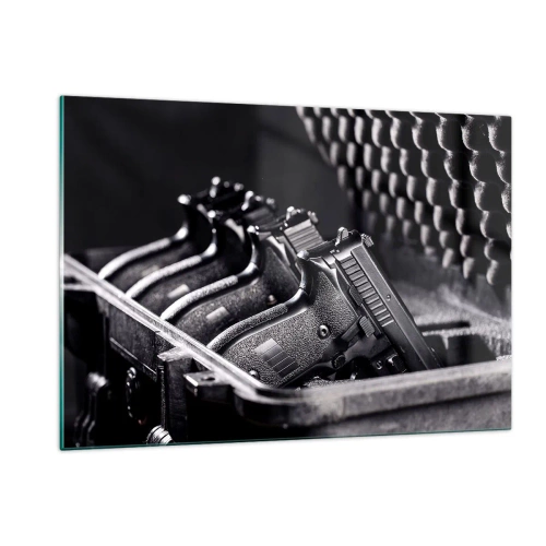 Impression sur verre - Image sur verre - Pistolets noirs dans un étui sur fond de mousse protectrice - 120x80cm - Sport masculin - Décoration murale moderne pour le salon et la chambre ARTTOR