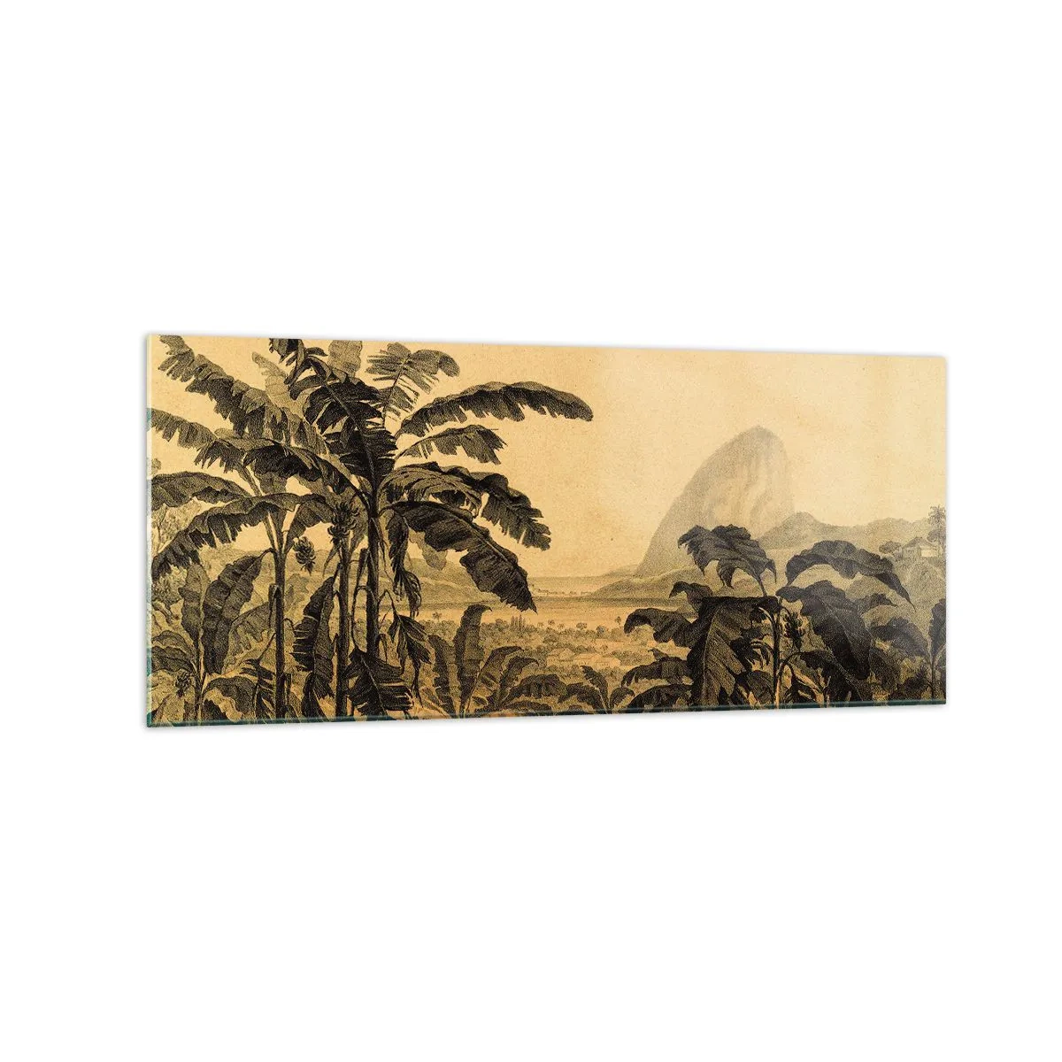 Impression sur verre - Image sur verre - Dessin de bananiers sur fond de paysage tropical - 120x50cm - Dans un climat colonial - Décoration murale moderne pour le salon et la chambre ARTTOR