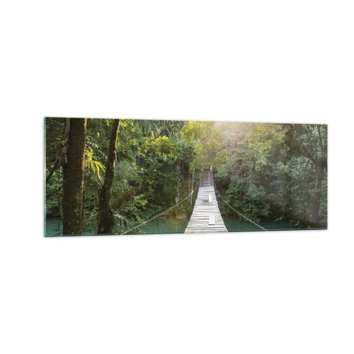 Impression sur verre - Image sur verre - Un pont suspendu dans une forêt tropicale illuminée par la lumière du soleil. - 140x50cm - De l'eau azur à la forêt azur - Décoration murale moderne pour le salon et la chambre ARTTOR