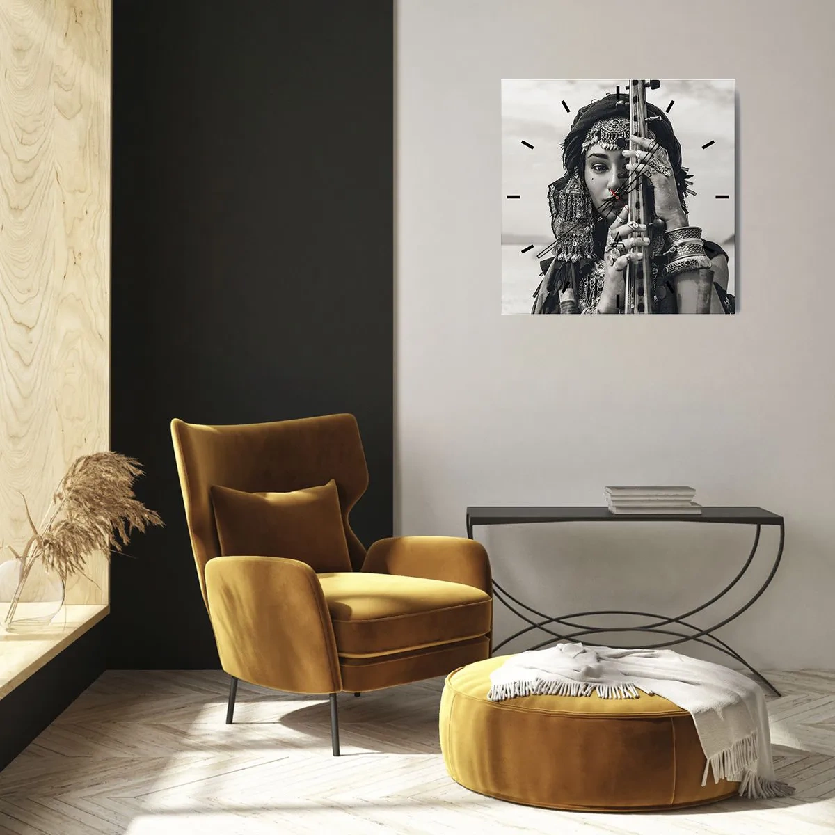 Horloge murale - Pendule murale - Portrait d'une femme en bijoux ethniques tenant un instrument à la main - 30x30cm - Musique de l'Orient elle-même - Décoration murale moderne pour le salon et la chambre ARTTOR