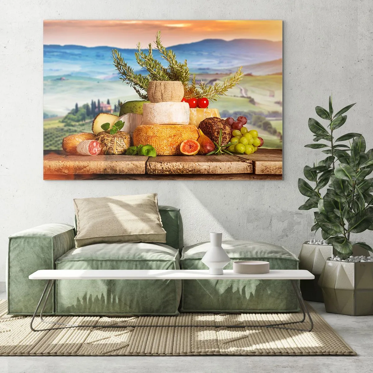 Impression sur verre - Image sur verre - Une composition de fromages et de fruits sur fond de paysage toscan - 70x50cm - La joie de vivre à l'italienne - Décoration murale moderne pour le salon et la chambre ARTTOR