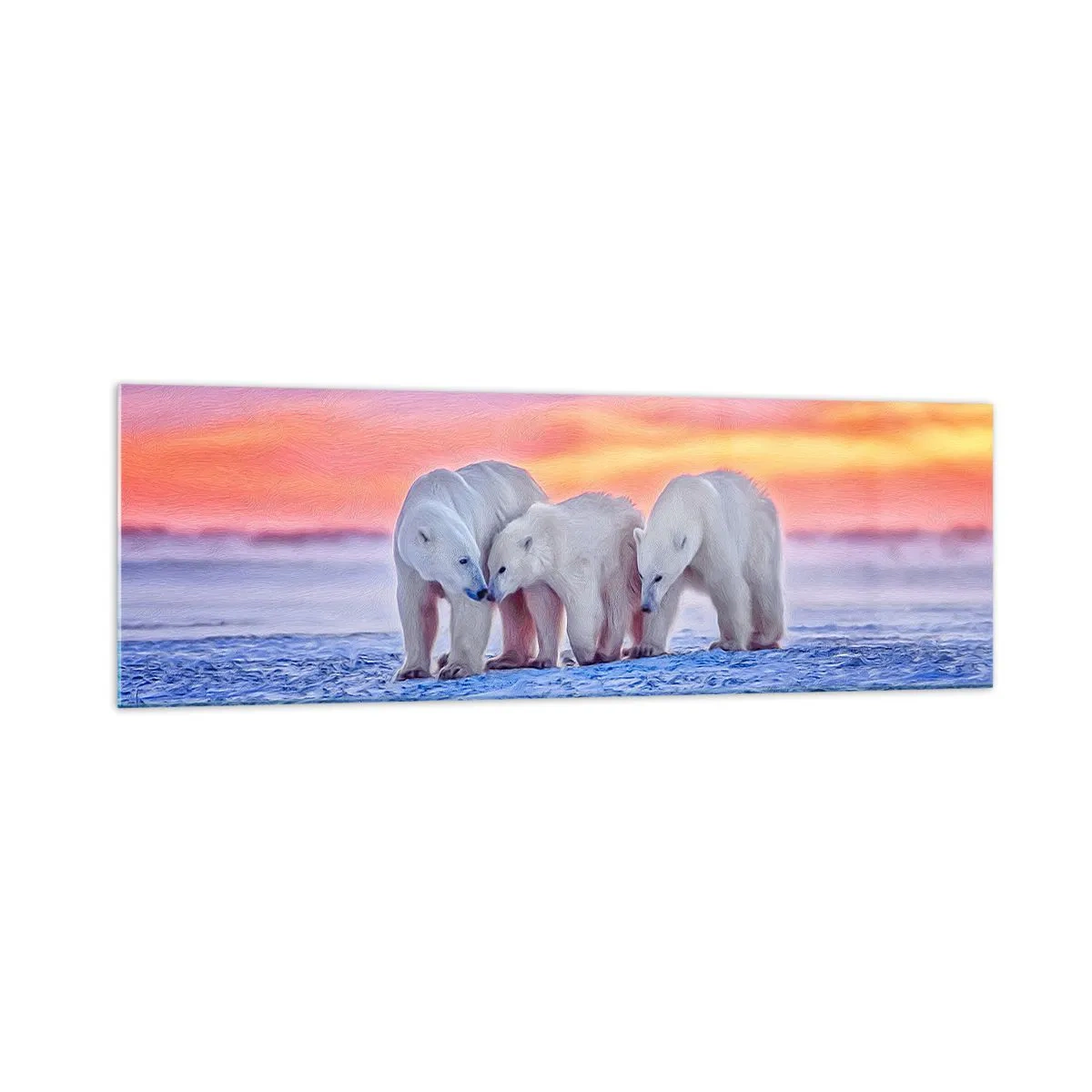 Impression sur verre - Image sur verre - Trois ours polaires sur fond de coucher de soleil arctique - 160x50cm - La chaleur familiale suffit - Décoration murale moderne pour le salon et la chambre ARTTOR