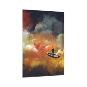 Impression sur verre - Image sur verre - Une silhouette dans un bateau sur un fond de nuages colorés - 70x100cm - En bateau à travers la galaxie - Décoration murale moderne pour le salon et la chambre ARTTOR
