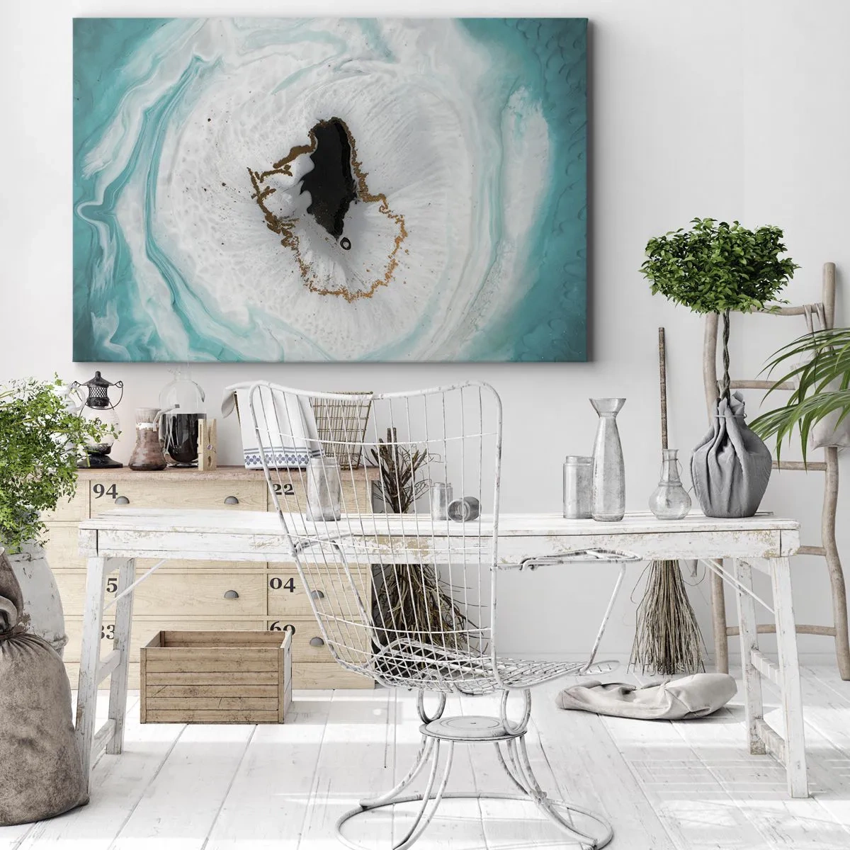 Impression sur toile - Image sur toile - Motif de géode abstrait dans des tons de turquoise, blanc et or - 100x70cm - Pénétrer à l'intérieur - Décoration murale moderne pour le salon et la chambre ARTTOR