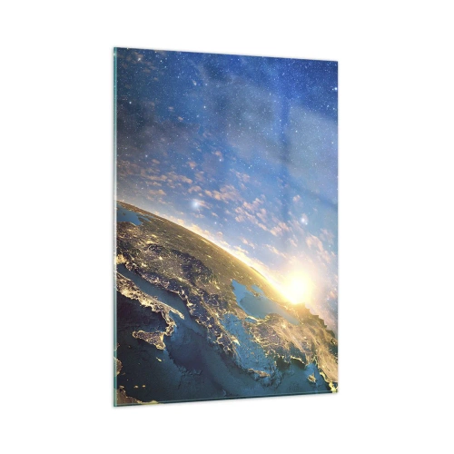 Impression sur verre - Image sur verre - Une vue de la Terre depuis l'espace avec le lever du soleil visible - 50x70cm - Regardons-nous de loin - Décoration murale moderne pour le salon et la chambre ARTTOR
