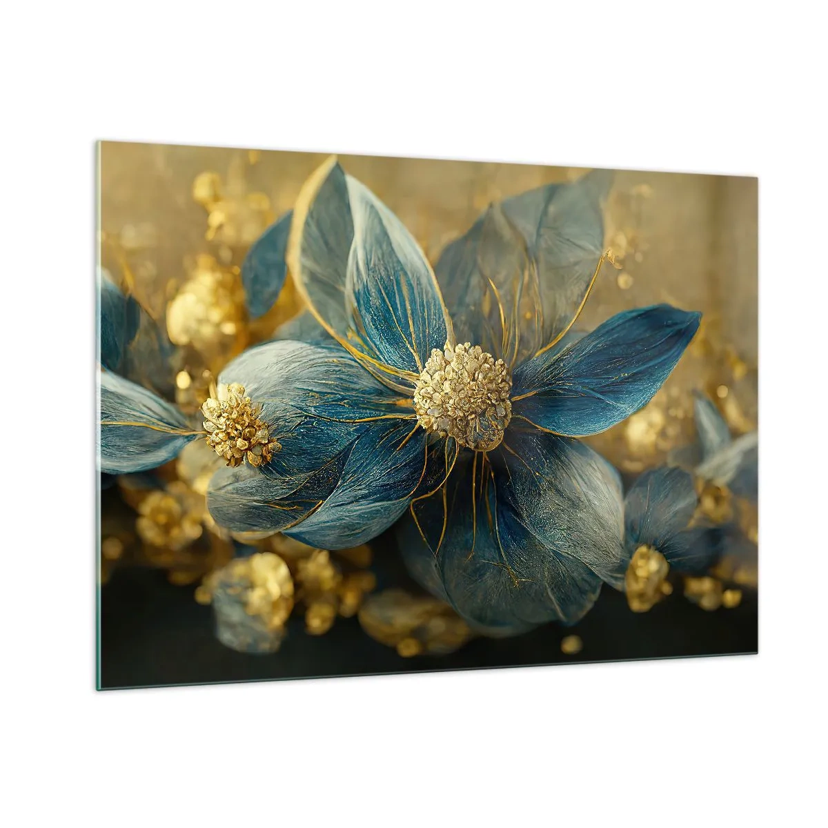 Impression sur verre - Image sur verre - Fleurs bleues et dorées avec une sensation luxueuse - 100x70cm - Fleurir avec de l'or - Décoration murale moderne pour le salon et la chambre ARTTOR