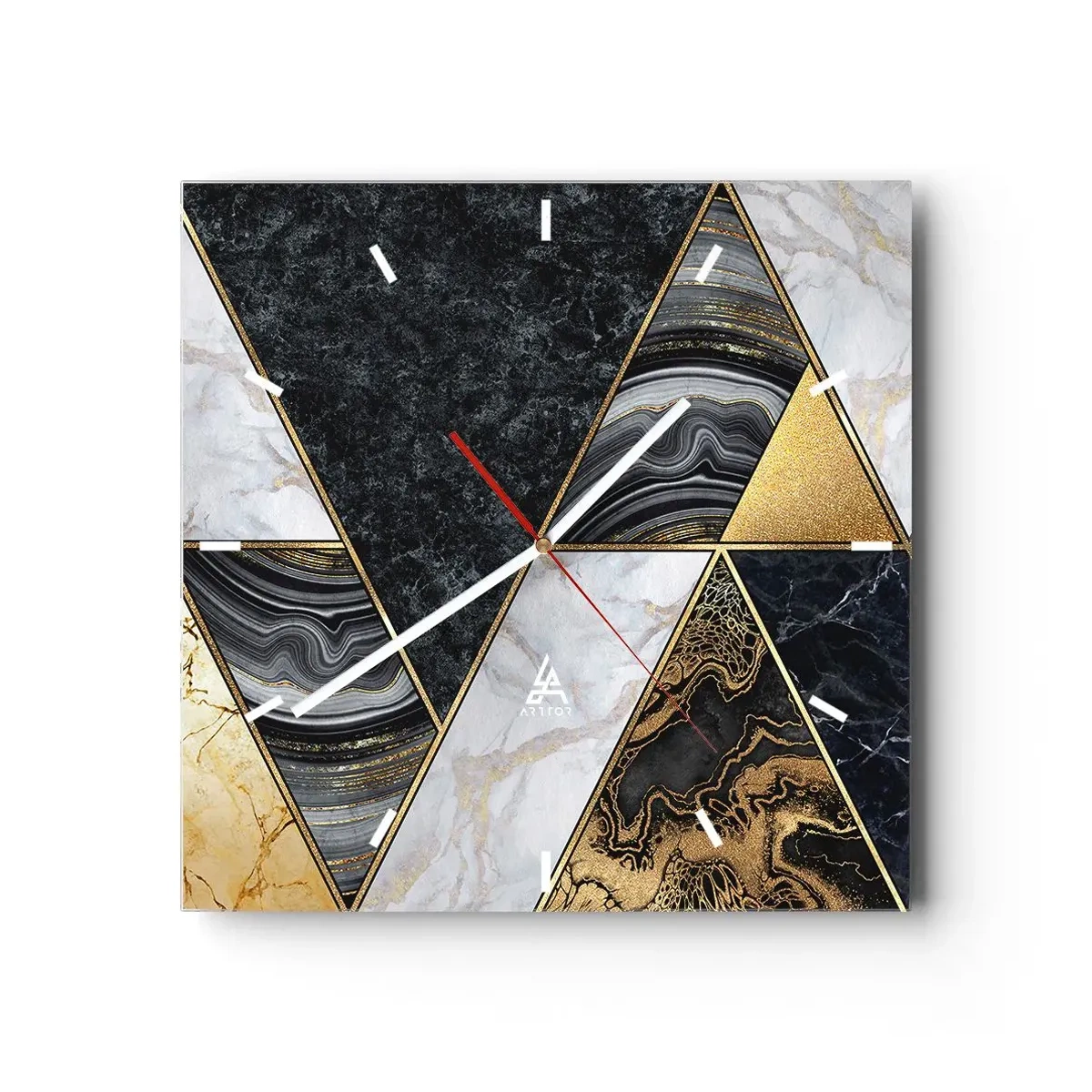 Horloge murale - Pendule murale - Triangles géométriques en or, marbre et nuances sombres - 30x30cm - Pierre après pierre - Décoration murale moderne pour le salon et la chambre ARTTOR
