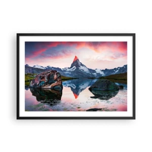 Affiche dans un cadre noir - Poster - Un sommet de montagne se reflétant dans un lac au coucher du soleil - 70x50cm - Le coeur des montagnes est chaud - Décoration murale moderne pour le salon et la chambre ARTTOR