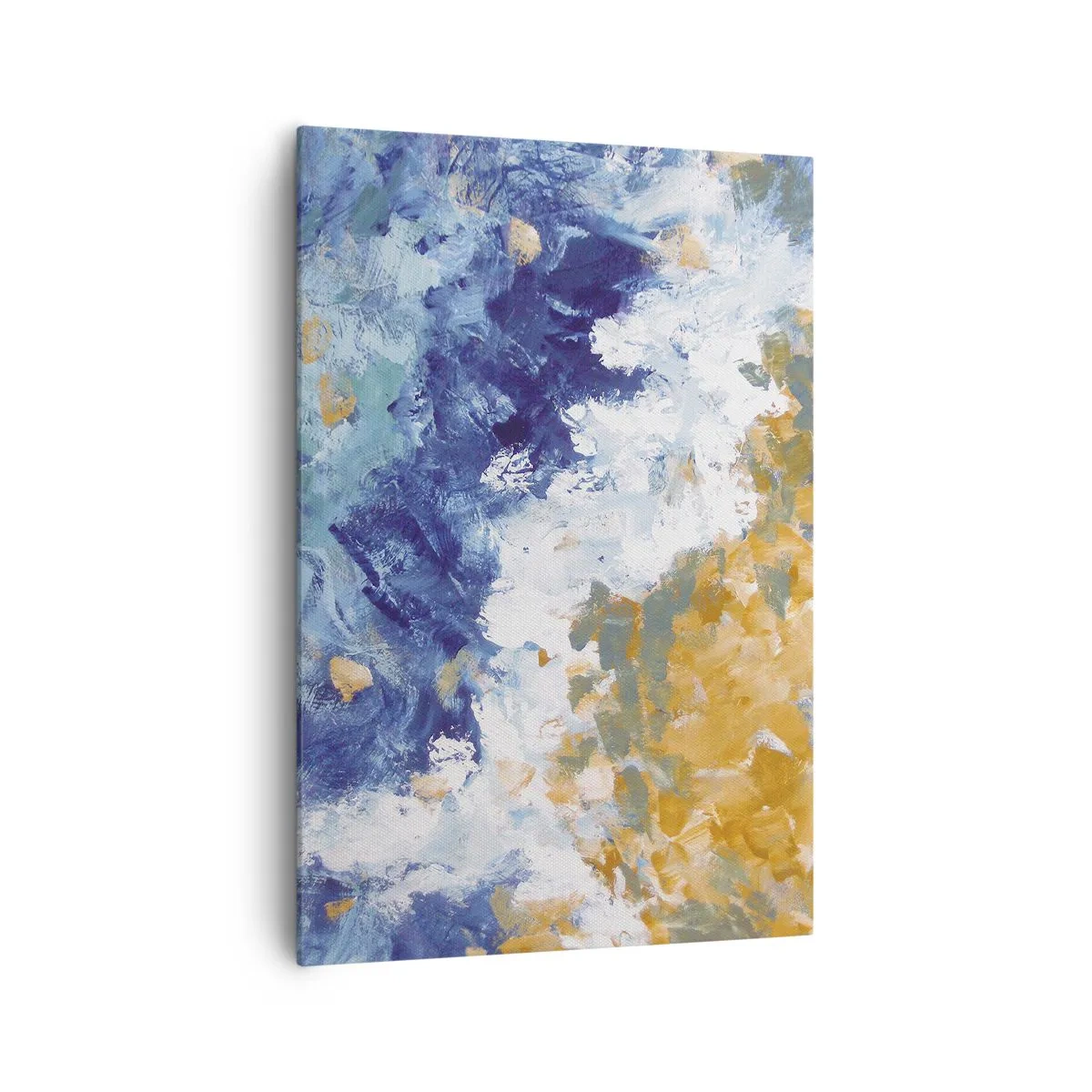 Impression sur toile - Image sur toile - Abstraction dans les tons de bleu, blanc et or - 70x100cm - Danse des éléments - Décoration murale moderne pour le salon et la chambre ARTTOR