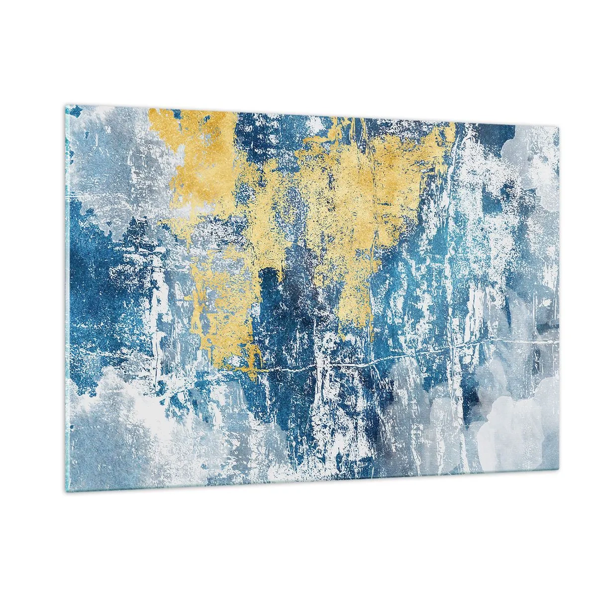 Impression sur verre - Image sur verre - Abstraction bleue et jaune avec un effet vieilli et texturé - 120x80cm - Abstraction du temps - Décoration murale moderne pour le salon et la chambre ARTTOR