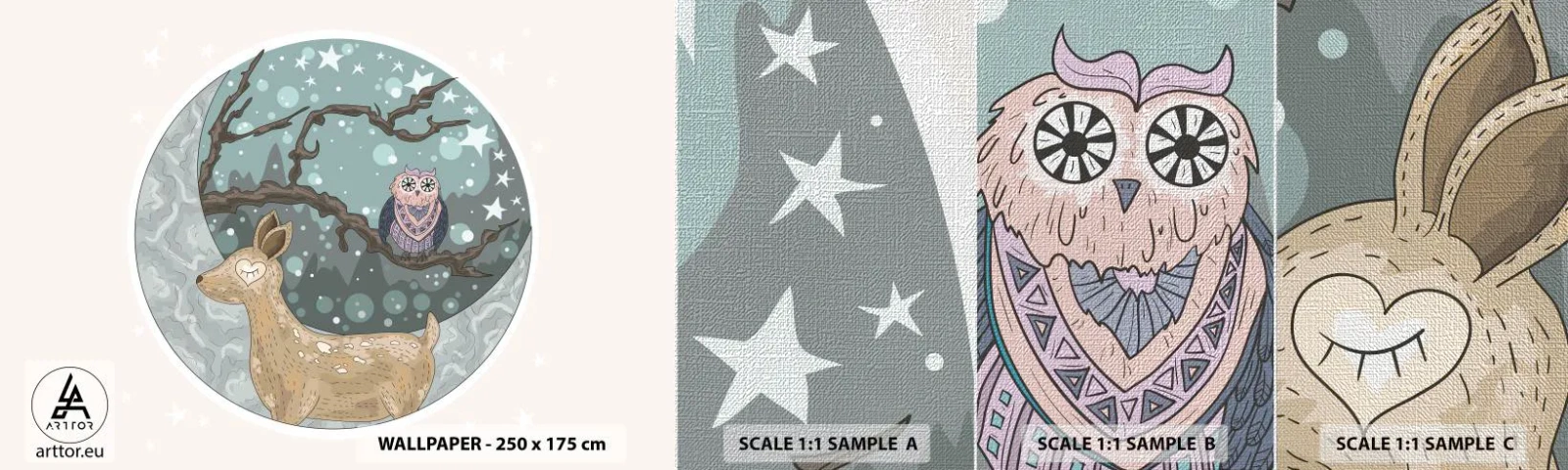 Échantillon de Papier Peint Premium Canvas - Une nuit de conte de fées en forêt  - Pour les enfants, Graphique, Étoiles - 100x30 cm