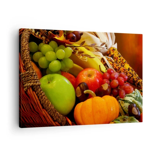 Impression sur toile - Image sur toile - Un panier de fruits, de citrouilles et de maïs sur fond de couleurs d'automne. - 70x50cm - Panier de récolte - Décoration murale moderne pour le salon et la chambre ARTTOR