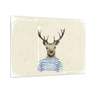 Impression sur verre - Image sur verre - Graphique d'un cerf en chemise de marin sur fond clair - 100x70cm - Parce que j'aime les chemises rayées - Décoration murale moderne pour le salon et la chambre ARTTOR