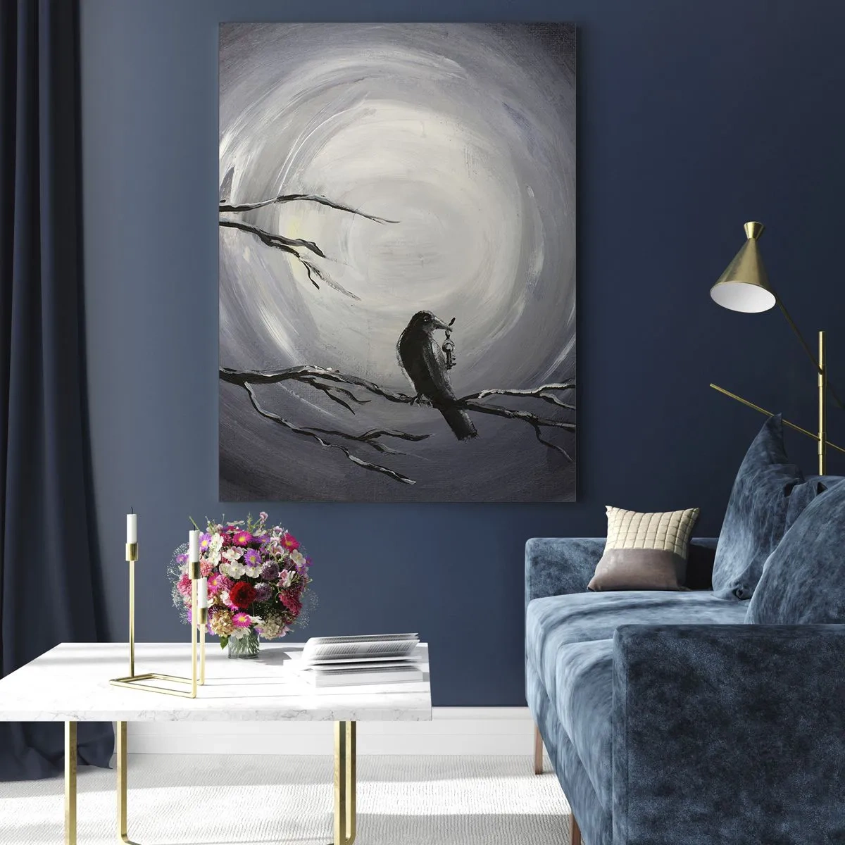 Impression sur verre - Image sur verre - Oiseau noir sur une branche au clair de lune - 80x120cm - La clé du mystère de la nuit - Décoration murale moderne pour le salon et la chambre ARTTOR