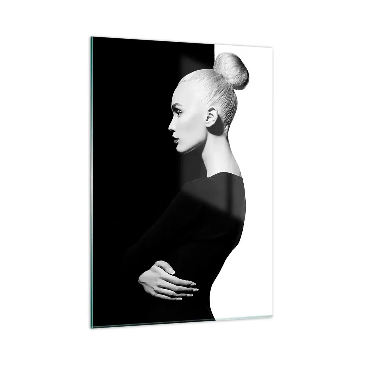 Impression sur verre - Image sur verre - Portrait noir et blanc d'une femme portant un chignon élégant - 50x70cm - Tout simplement une femme - Décoration murale moderne pour le salon et la chambre ARTTOR