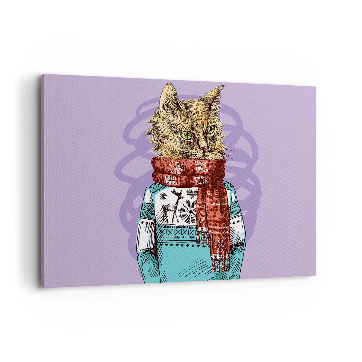 Impression sur toile - Image sur toile - Un chat en pull et écharpe sur fond violet - 100x70cm - Le chat, pas uniquement dans les chaussures - Décoration murale moderne pour le salon et la chambre ARTTOR