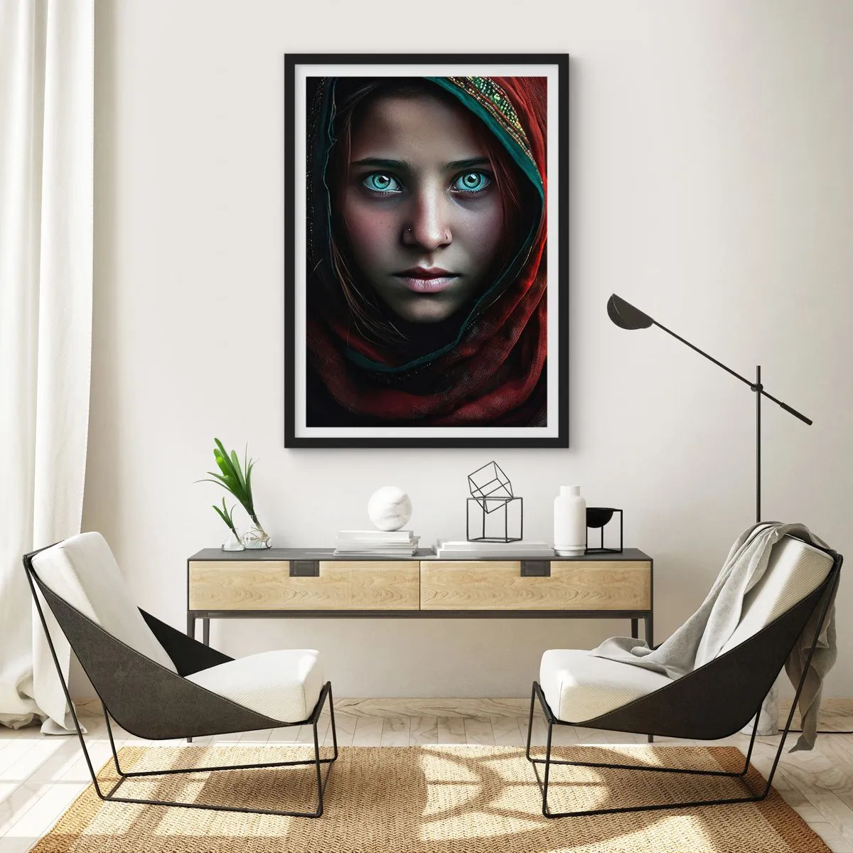 Affiche dans un cadre noir - Poster - Portrait d'une fille dans un châle rouge avec des yeux hypnotisants - 50x70cm - Princesse orientale - Décoration murale moderne pour le salon et la chambre ARTTOR