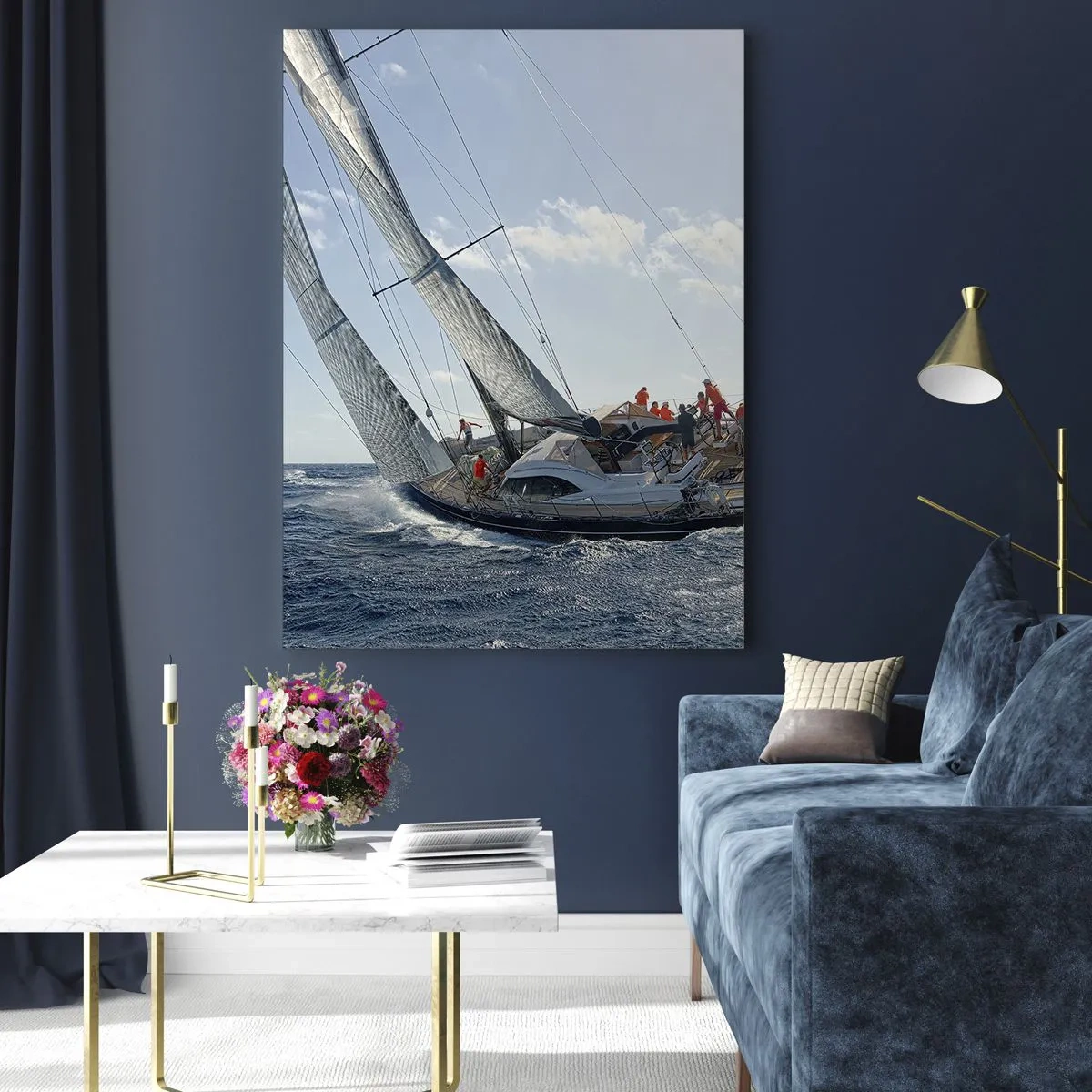Impression sur verre - Image sur verre - Des yachts de course en pleine mer avec le vent dans les voiles - 50x70cm - Que le meilleur l'emporte - Décoration murale moderne pour le salon et la chambre ARTTOR