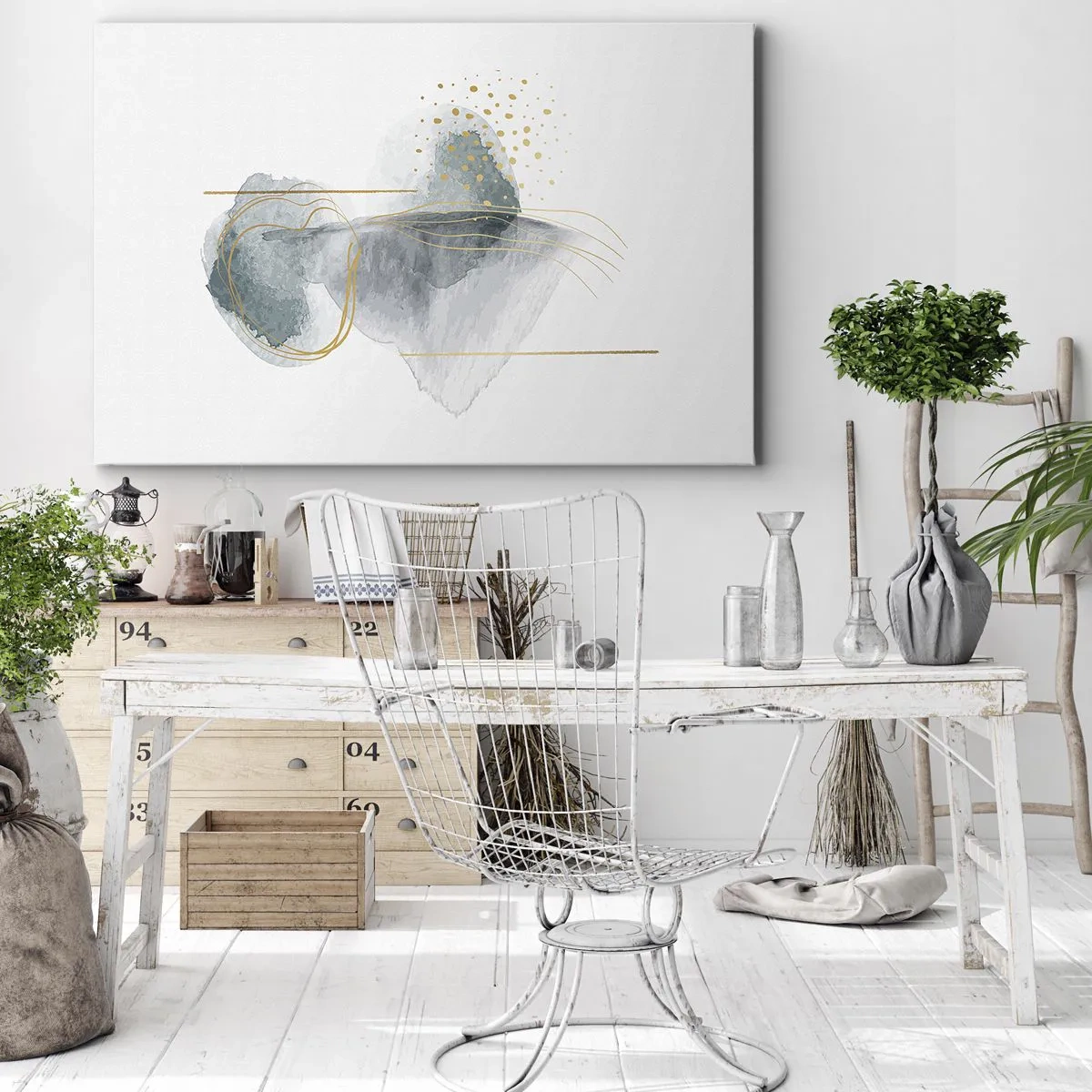 Impression sur toile - Image sur toile - Une composition abstraite dans des tons turquoise et or. - 70x50cm - À propos de la relation entre le gris et l'or - Décoration murale moderne pour le salon et la chambre ARTTOR