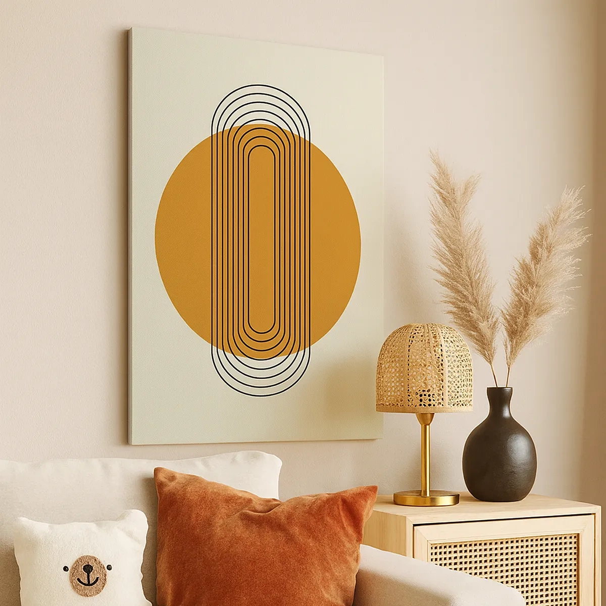 Impression sur toile - Image sur toile - Motif géométrique avec des cercles et des lignes orange - 50x70cm - Plan idéal - Décoration murale moderne pour le salon et la chambre ARTTOR