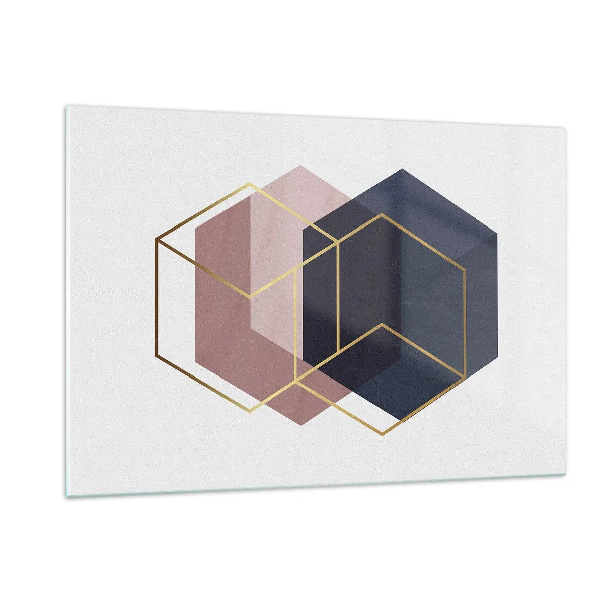 Impression sur verre - Image sur verre - Contours dorés de cubes sur un fond de solides bleu marine et rose - 120x80cm - Le pouvoir de la simplicité - Décoration murale moderne pour le salon et la chambre ARTTOR