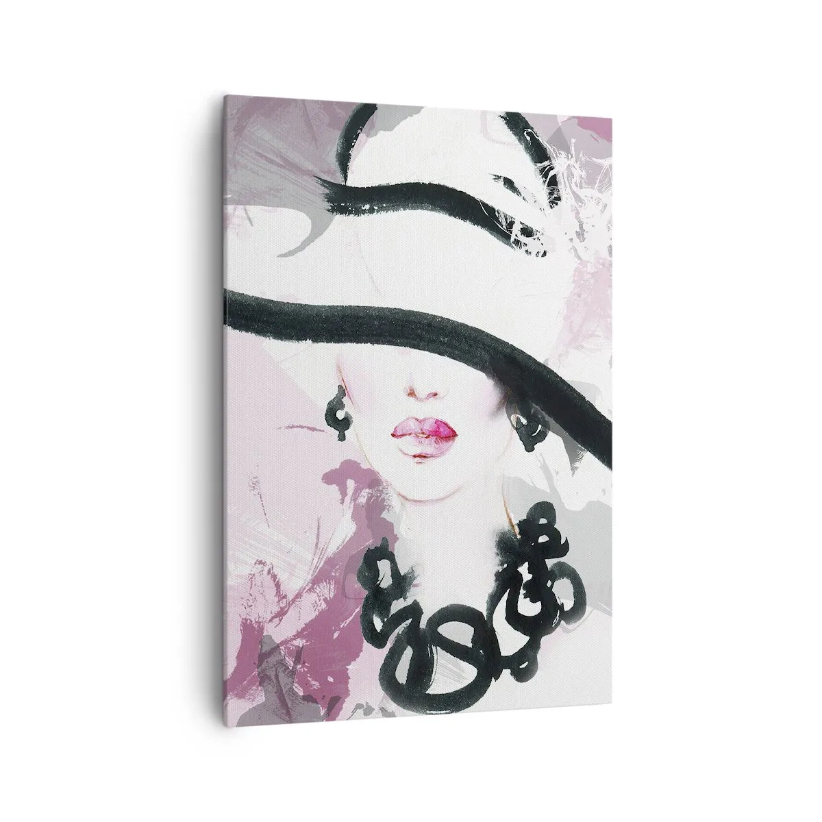 Impression sur toile - Image sur toile - Une femme élégante avec un chapeau sur un fond d'abstractions roses. - 70x100cm - Portrait d'une dame en noir et rose - Décoration murale moderne pour le salon et la chambre ARTTOR