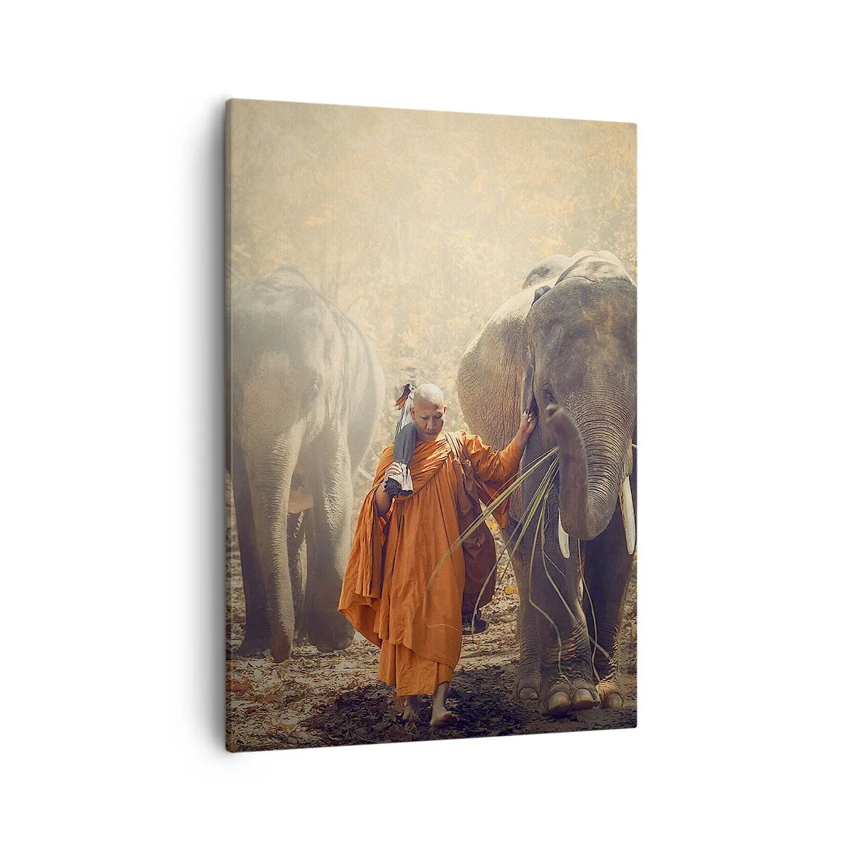 Impression sur toile - Image sur toile - Un moine en robe orange conduit un éléphant dans la forêt. - 50x70cm - Compréhension totale - Décoration murale moderne pour le salon et la chambre ARTTOR