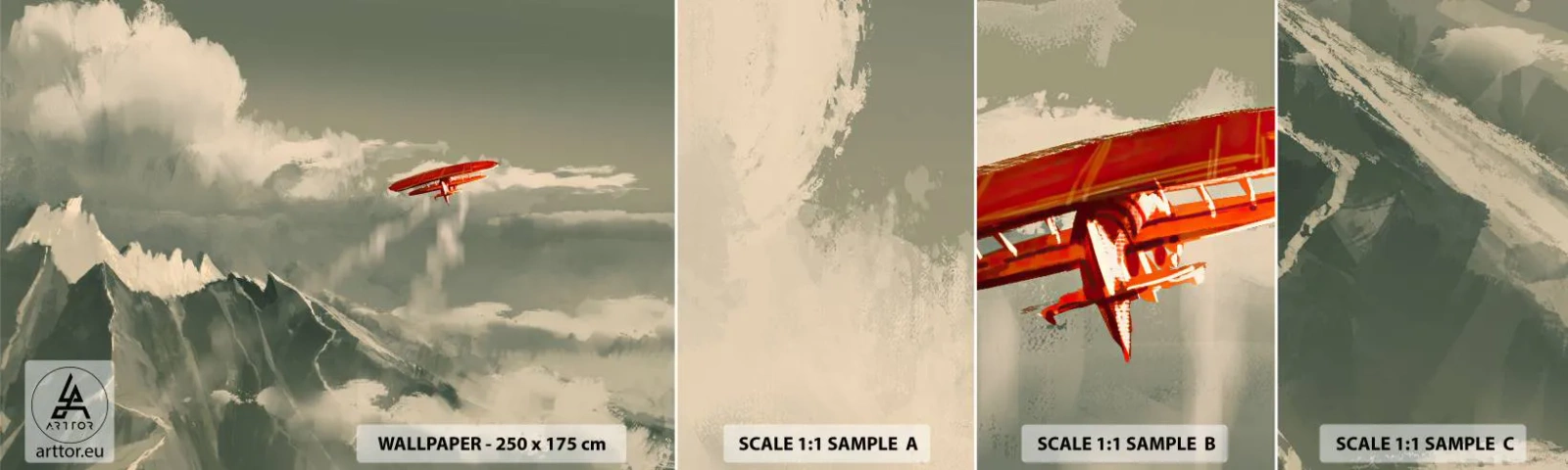 Échantillon De Papier Peint Standard Eco - Pionnier intrépide - Abstraction, Avion, Paysage de montagne - 100x30 cm