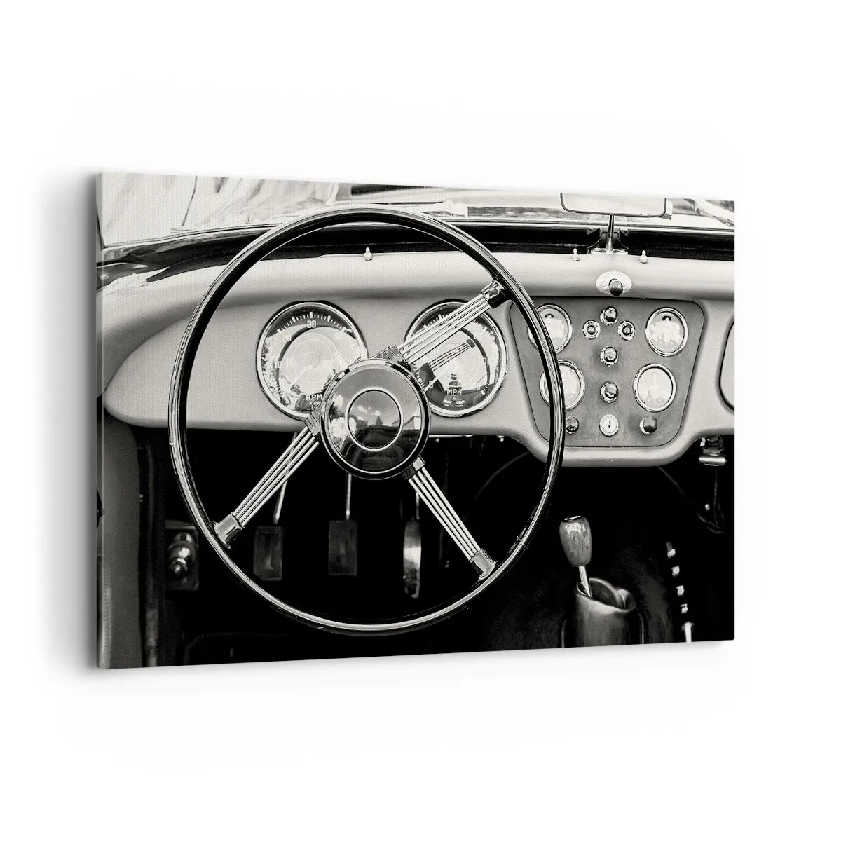 Impression sur toile - Image sur toile - Intérieur de voiture classique noir et blanc - 120x80cm - Rêve de collectionneur - Décoration murale moderne pour le salon et la chambre ARTTOR
