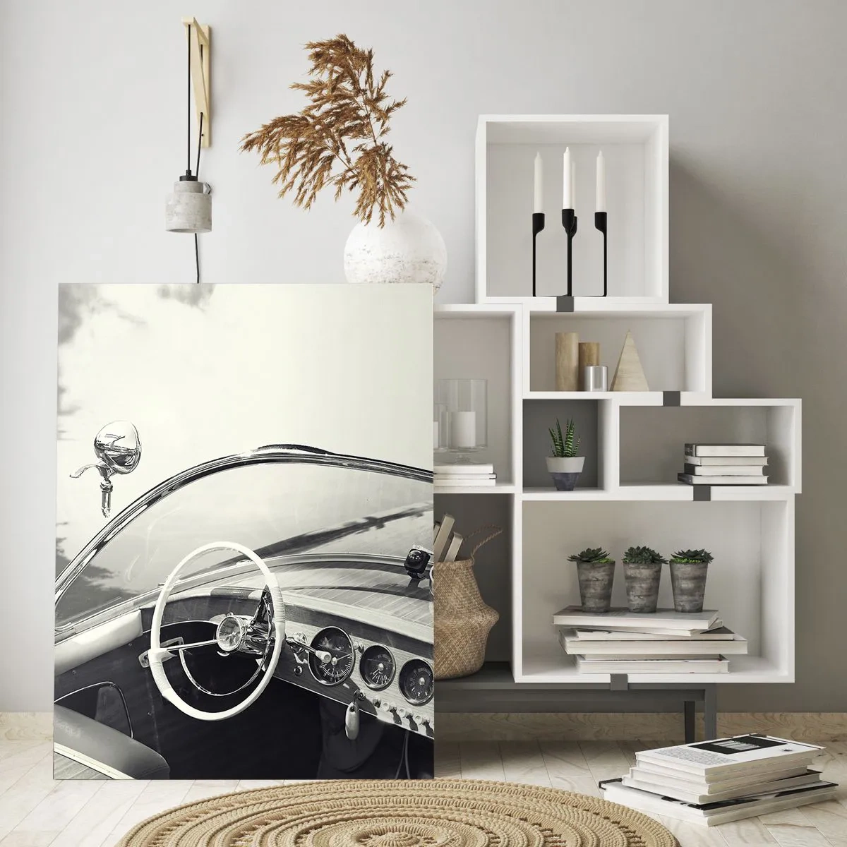 Impression sur verre - Image sur verre - Intérieur de voiture classique de style monochrome - 70x100cm - Temps pour riche - Décoration murale moderne pour le salon et la chambre ARTTOR