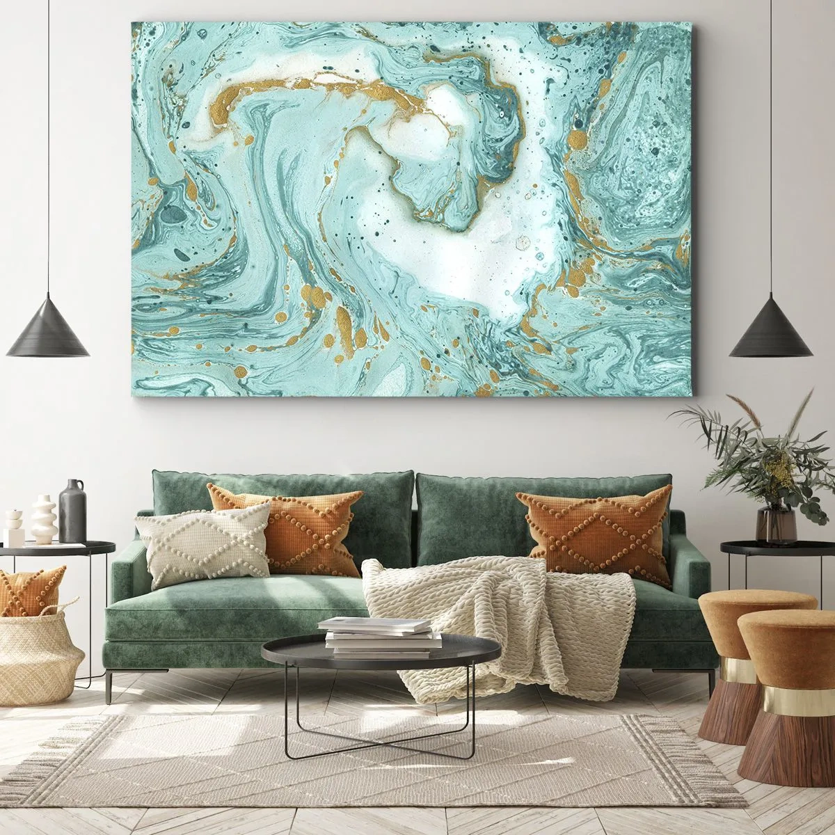 Impression sur toile - Image sur toile - Marbre turquoise avec des accents dorés dans une composition abstraite - 100x70cm - Sous la grande vague de l'ère Edo - Décoration murale moderne pour le salon et la chambre ARTTOR