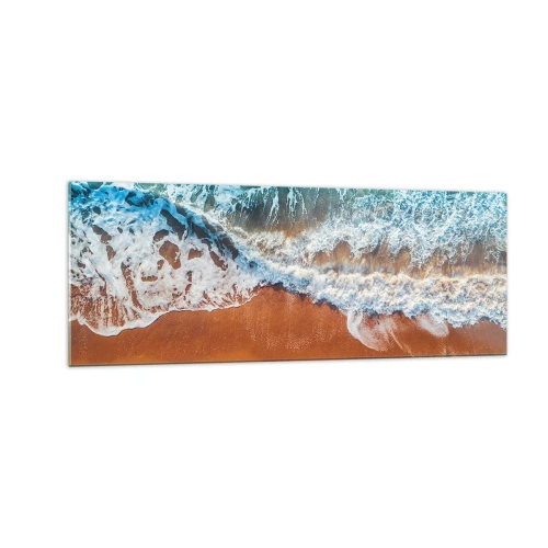 Impression sur verre - Image sur verre - Vue aérienne des vagues de l'océan s'écrasant sur le rivage - 140x50cm - Toujours ensemble - Décoration murale moderne pour le salon et la chambre ARTTOR
