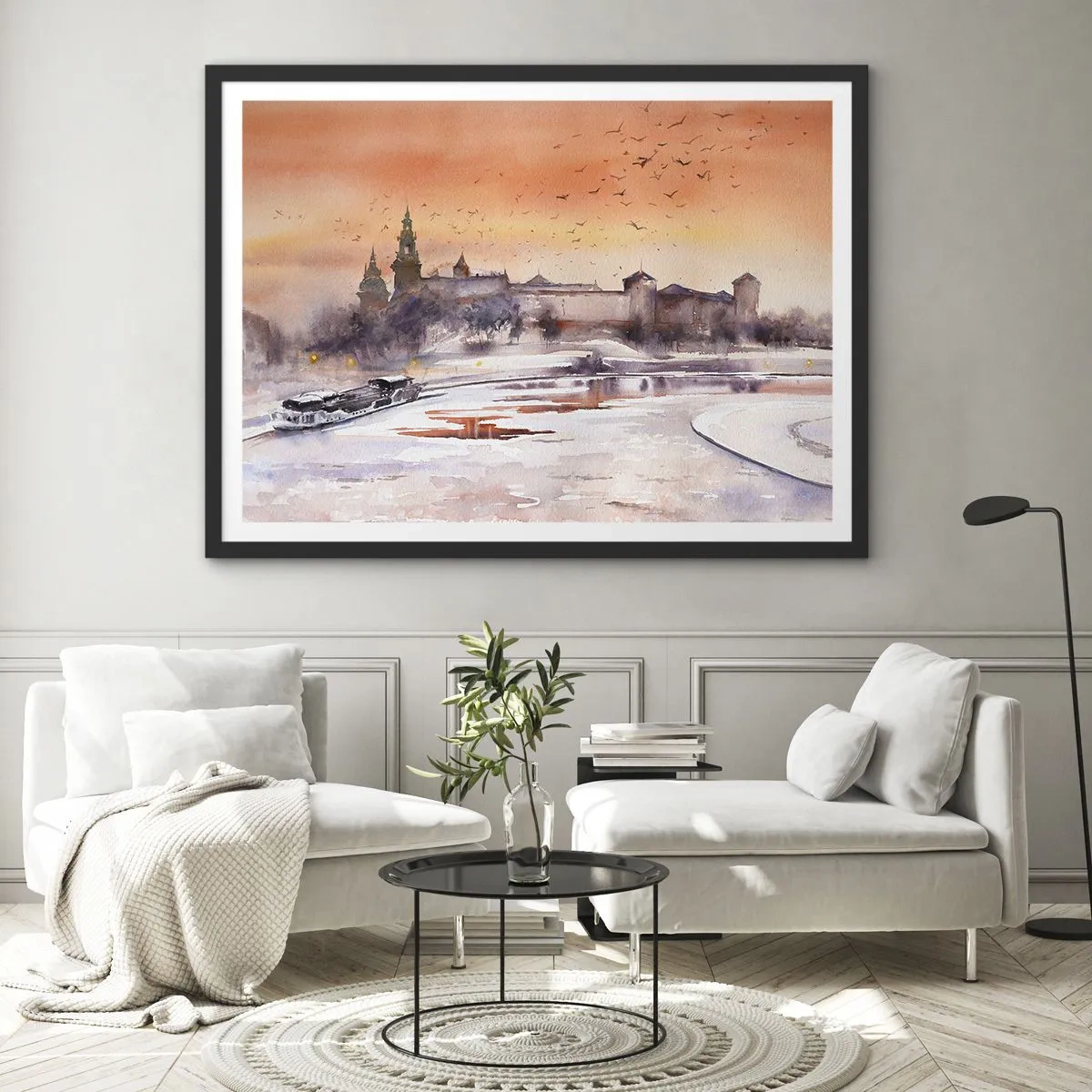 Affiche dans un cadre noir - Poster - Coucher de soleil sur le château dans un paysage hivernal - 100x70cm - Coucher de soleil royal - Décoration murale moderne pour le salon et la chambre ARTTOR