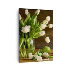 Impression sur toile - Image sur toile - Un bouquet de tulipes blanches dans un vase en verre avec des pommes vertes - 70x100cm - Juteux et frais en vert et blanc - Décoration murale moderne pour le salon et la chambre ARTTOR
