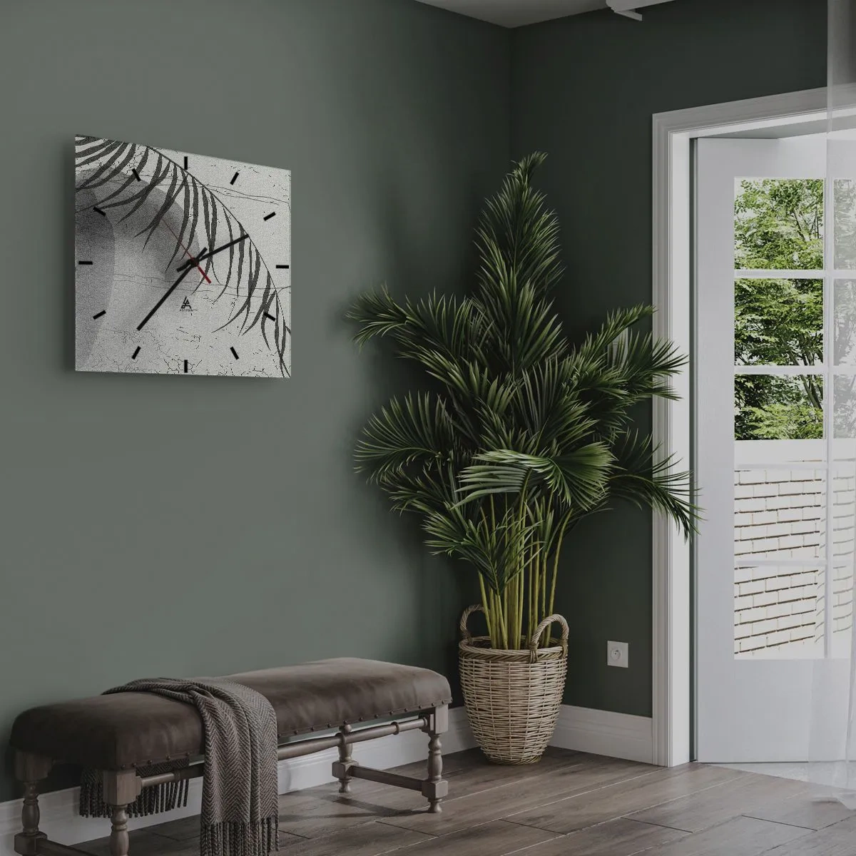 Horloge murale - Pendule murale - Un délicat motif de feuille de palmier sur un fond clair dans un style scandinave. - 30x30cm - L'exotisme subtil de la nature - Décoration murale moderne pour le salon et la chambre ARTTOR