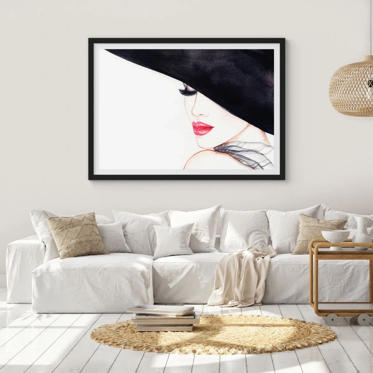 Affiche dans un cadre noir - Poster - Une illustration subtile d'une femme portant un chapeau noir et des lèvres rouges - 70x50cm - Élégance et sensualité - Décoration murale moderne pour le salon et la chambre ARTTOR