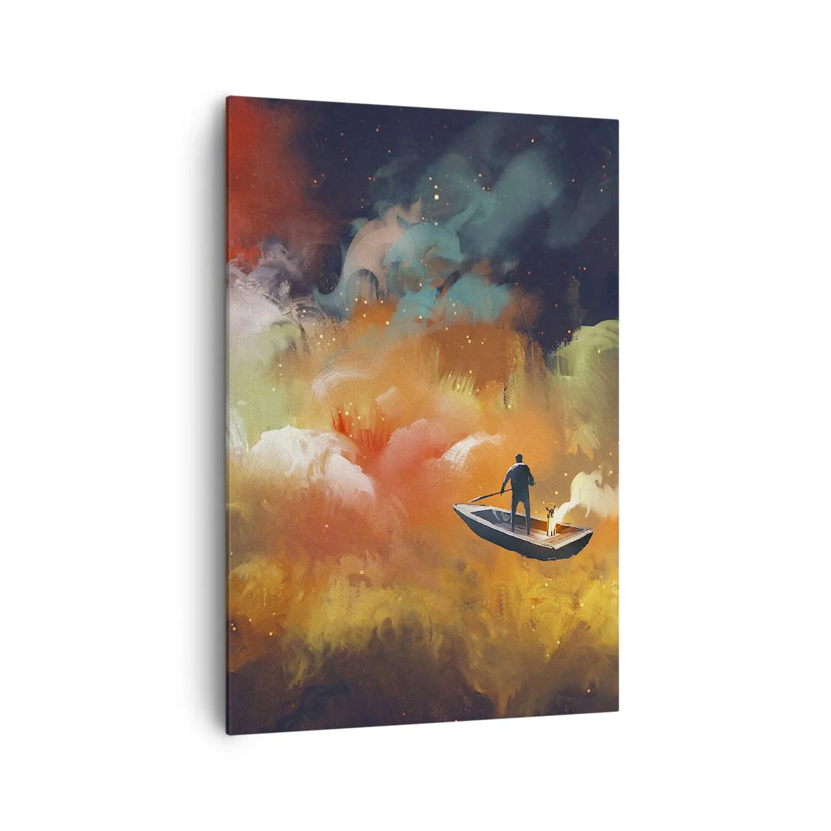 Impression sur toile - Image sur toile - Une silhouette dans un bateau sur un fond de nuages colorés - 70x100cm - En bateau à travers la galaxie - Décoration murale moderne pour le salon et la chambre ARTTOR