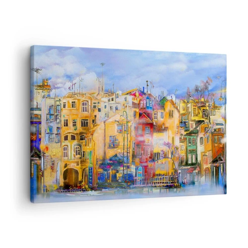 Impression sur toile - Image sur toile - Bâtiments urbains colorés dans un style artistique - 70x50cm - Nous sommes ensemble - Décoration murale moderne pour le salon et la chambre ARTTOR
