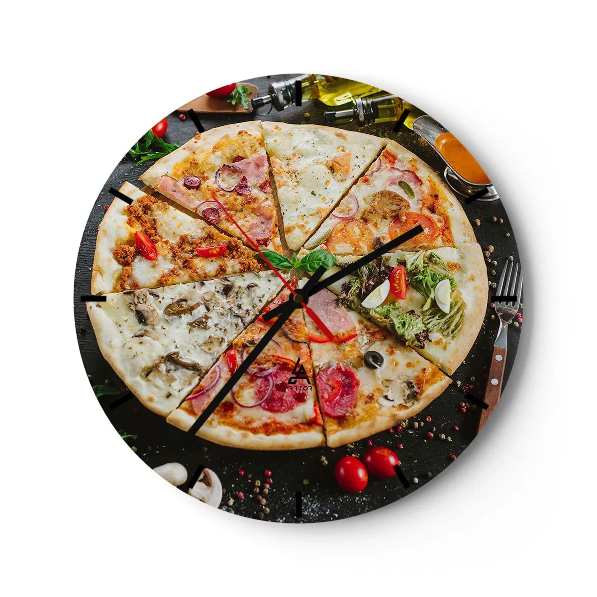 Horloge murale - Pendule murale - Pizza appétissante avec diverses garnitures sur fond noir - 30x30cm - Une gamme de saveurs - Décoration murale moderne pour le salon, la cuisine et la chambre ARTTOR