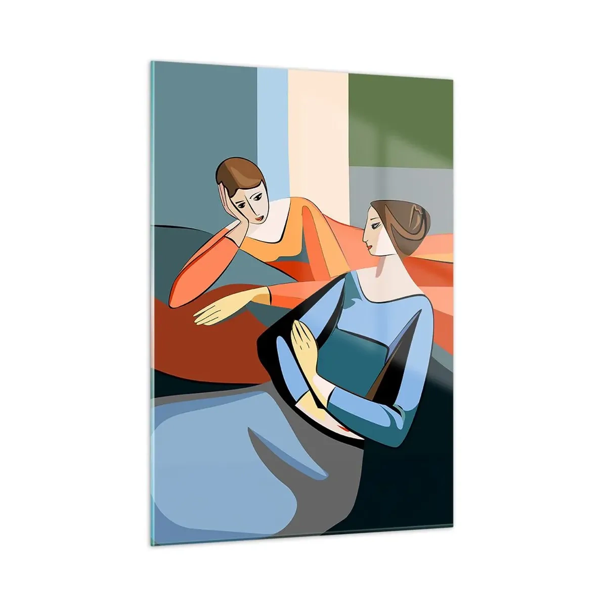 Impression sur verre - Image sur verre - Une scène géométrique d'une conversation entre deux femmes sur fond d'intérieur. - 50x70cm - Un moment de confiance - Décoration murale moderne pour le salon et la chambre ARTTOR