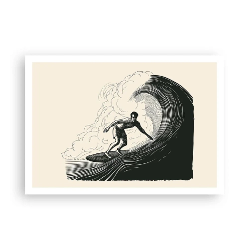 Affiche - Poster - Graphique en noir et blanc d'un surfeur sur une vague - 100x70cm - Le roi de la vague - Décoration murale moderne pour le salon et la chambre ARTTOR