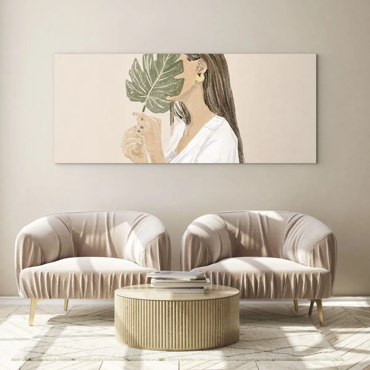 Impression sur verre - Image sur verre - Portrait d'une femme avec une feuille de monstera sur fond beige - 160x50cm - Portrait mystérieux avec un éventail - Décoration murale moderne pour le salon et la chambre ARTTOR