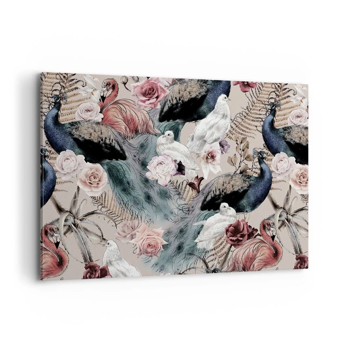 Impression sur toile - Image sur toile - Un paysage avec des plumes de paon, des roses et des oiseaux dans un style romantique. - 100x70cm - Dans un jardin de palace - Décoration murale moderne pour le salon et la chambre ARTTOR