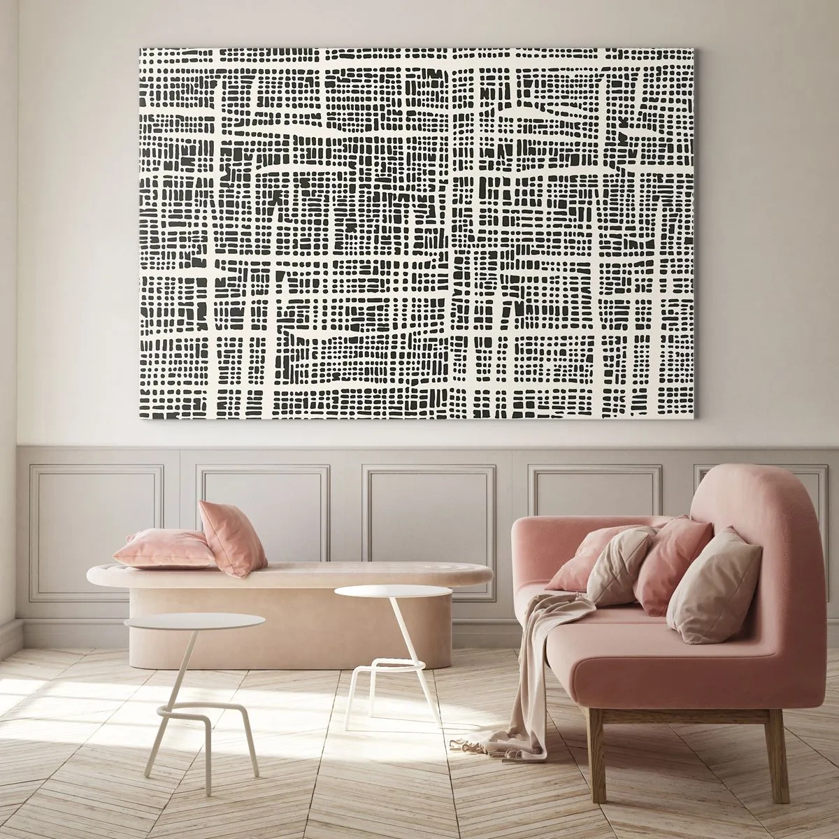 Impression sur verre - Image sur verre - Une abstraction en noir et blanc ressemblant à une grille de points. - 70x50cm - Composition tissée - Décoration murale moderne pour le salon et la chambre ARTTOR